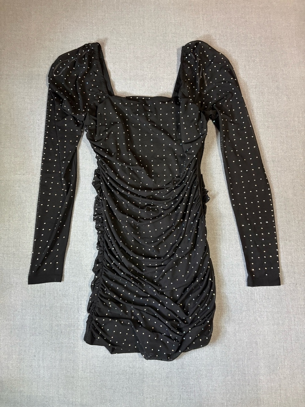 Lulu's Black Ruched Long-Sleeve Mini Dress with Silver Studs